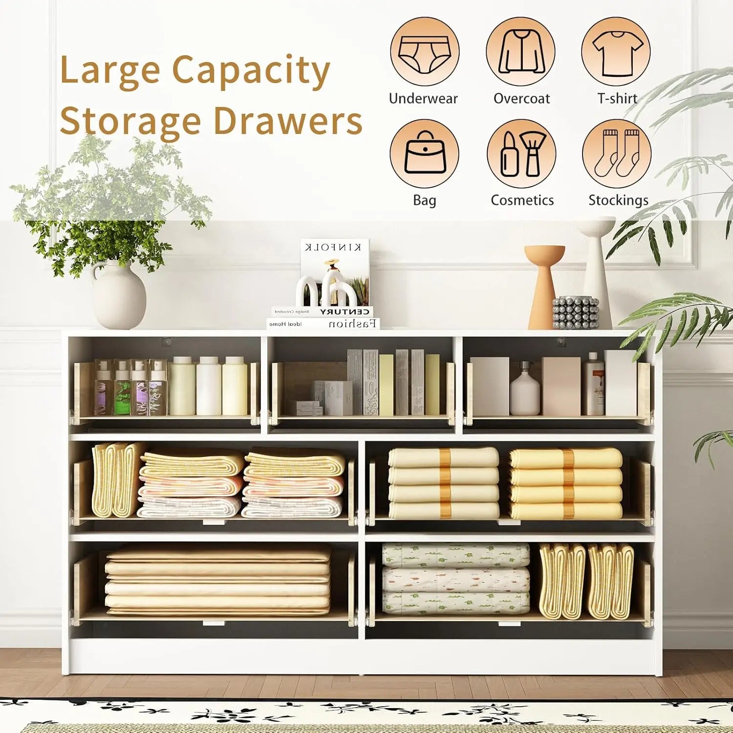 Mid-Century 3-Piece Bedroom Furniture Set: 2-Nightstands and 7-Drawer Dresser with Gold Hardware