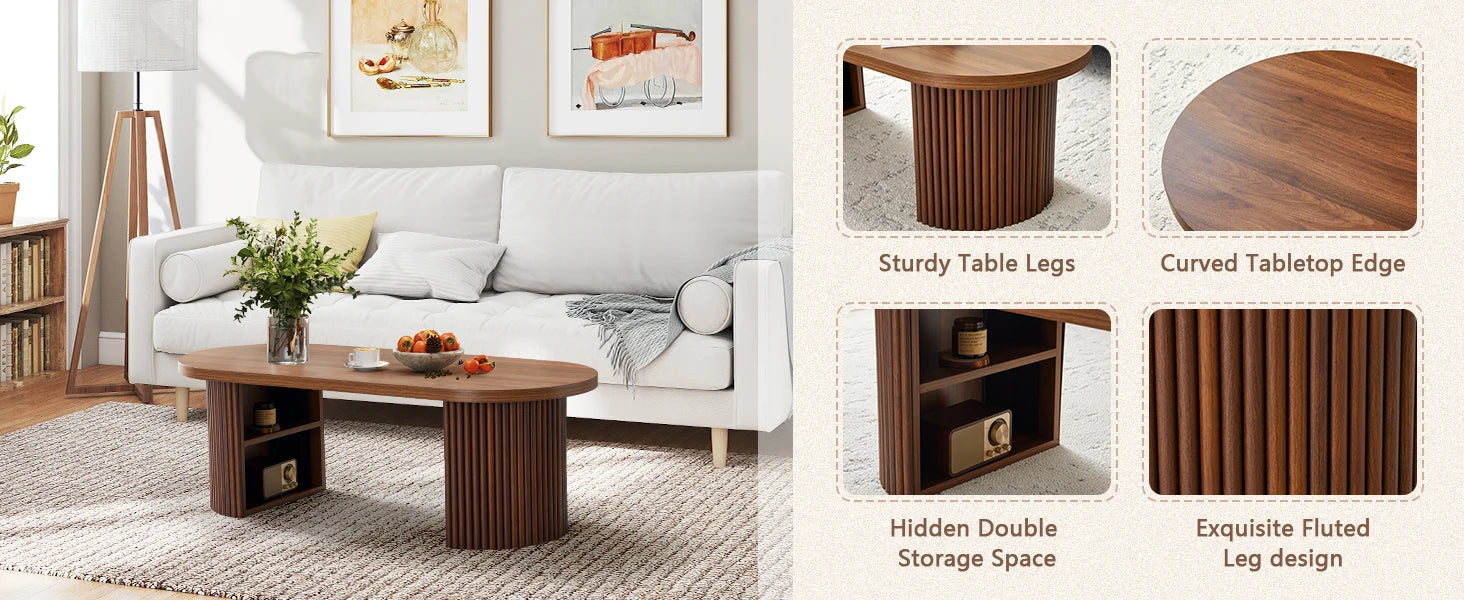 AVZEAR Oval Fluted Coffee Table for Living Room, Mid Century Modern Coffee Table with Storage, Curved Round Wooden Center Table