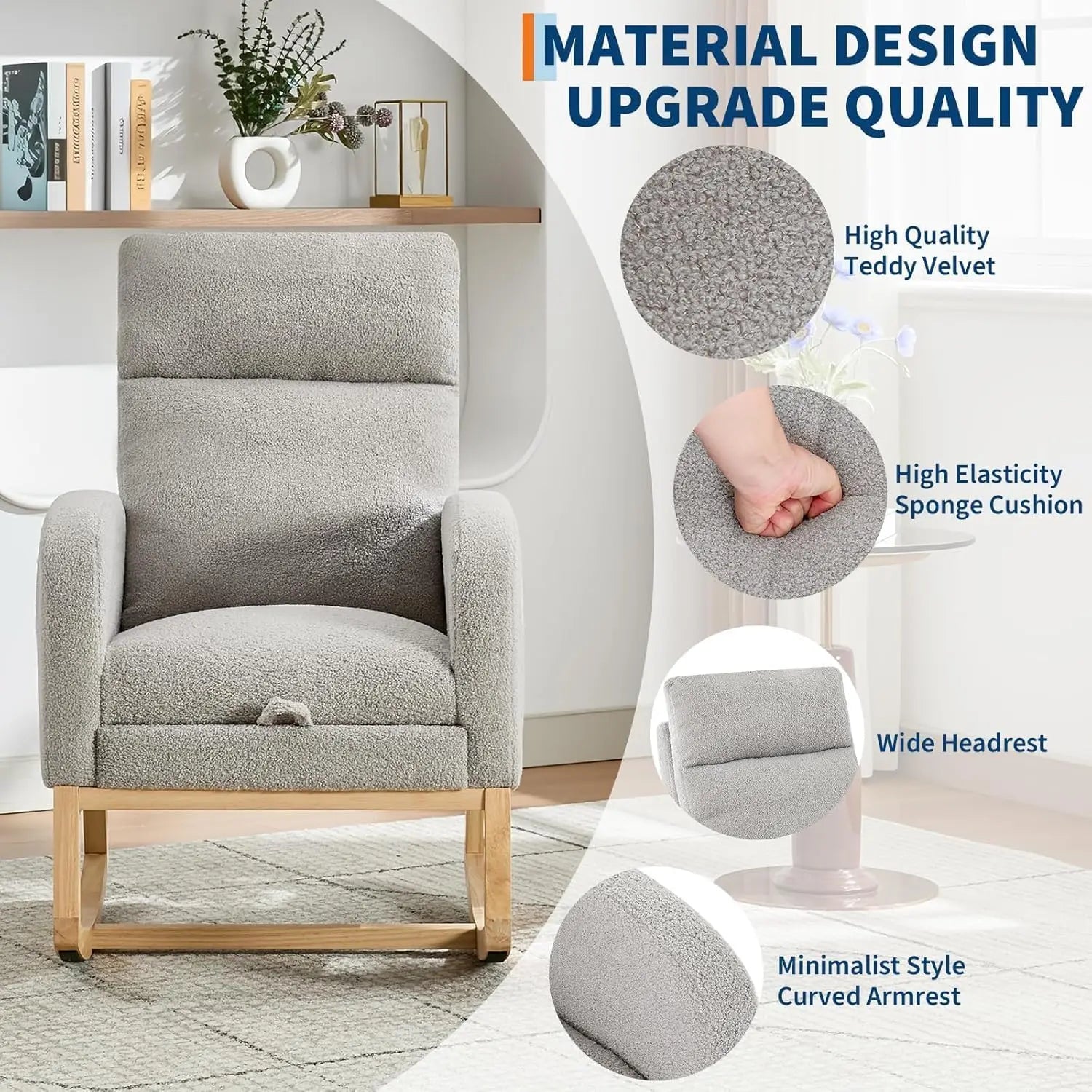 Rocking Chair Nursery Chairs with Foot Rest, Recliner Armchair with High Backrest & Wood Legs and Side Pocket for Living Room