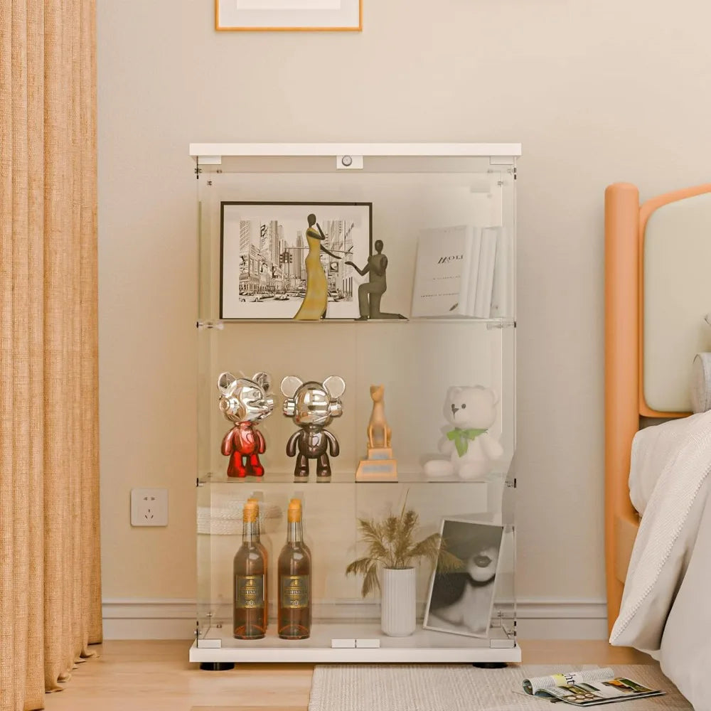 Glass Display Cabinet with Double Doors and Lock, Easy Assembly 3-Tier Curio Cabinet with 5mm Tempered Glass Floor