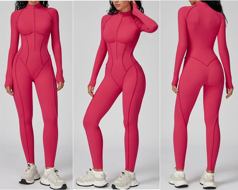 Women's Running Onesie Athletic Romper/ Pants, Long Sleeve, Zip Up Hiking Outfits, One Piece Workout Jumpsuit