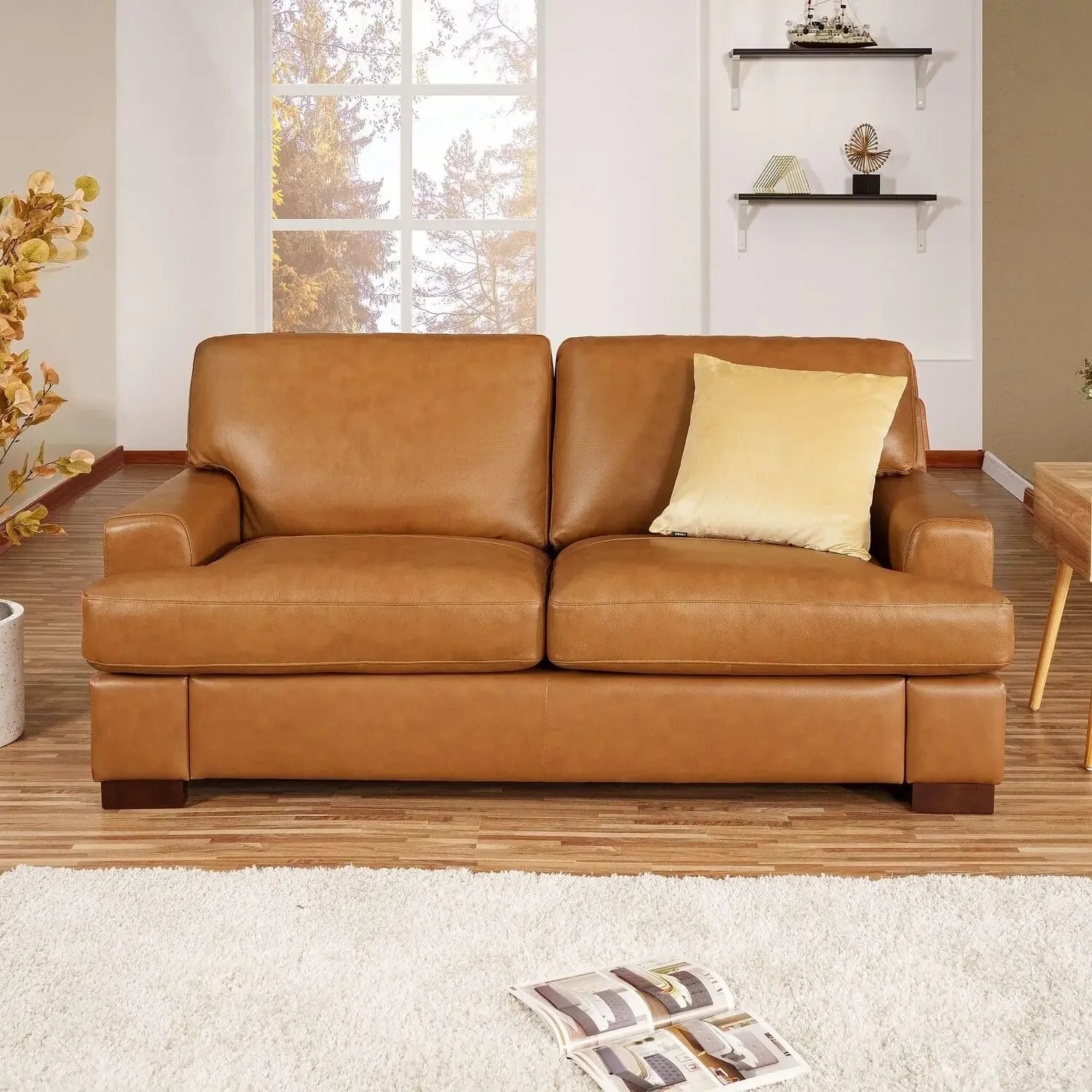 Genuine Leather Sofa - Set of 3 Luxurious Comfort, Goose Feather Cushion Filling, Square Arm Design, Sturdy Block