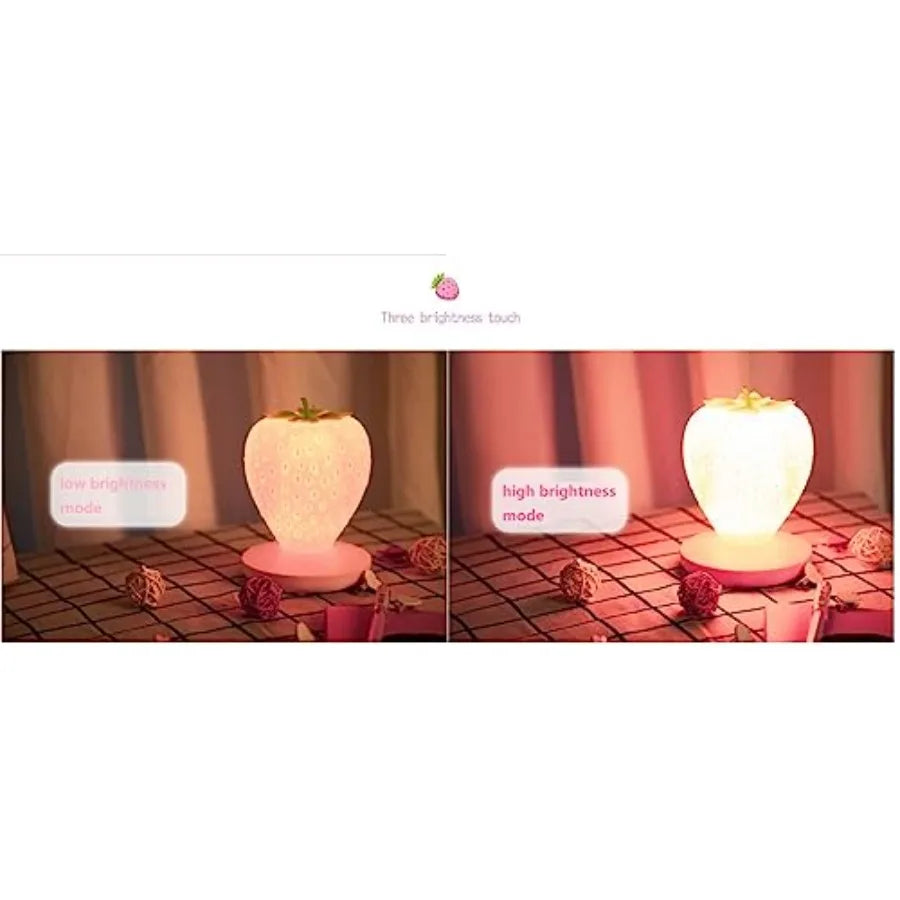 Strawberry Night Light Decor- LED Cute Silicone Strawberry Lamp - USB Rechargeable - 3 Modes Touch Bedside Color Changing Lamp
