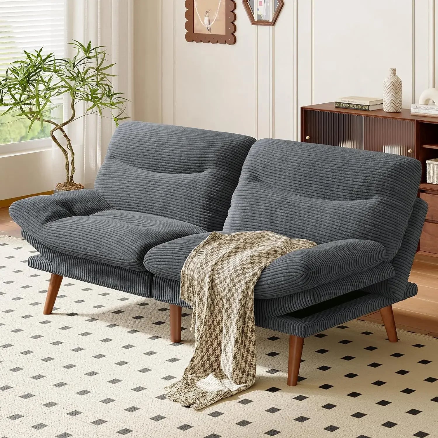 Futon Sofa Bed, Couch with Adjustable Backrest & Armrests, Convertible Futon Sofa Couch