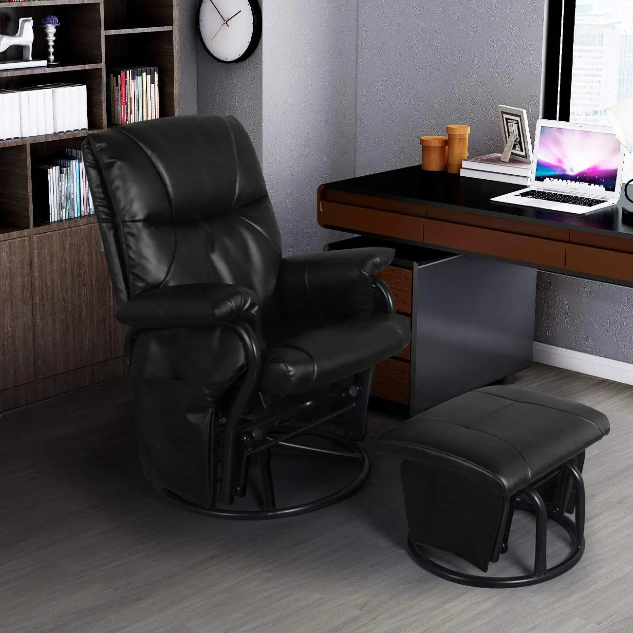 Glider Chairs Rocking Chair with Ottoman 360° Swivel Chair PU Leather Upholstered Armchair Lounge Chair Sliding Chairs Set/Black