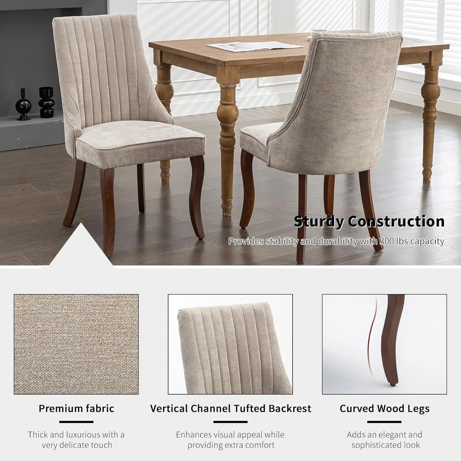 Beige Mid Century Dining Chairs Set of 4, Modern Kitchen & Dining Room Chairs Set of 4, Fabric Upholstered Kitchen Chairs