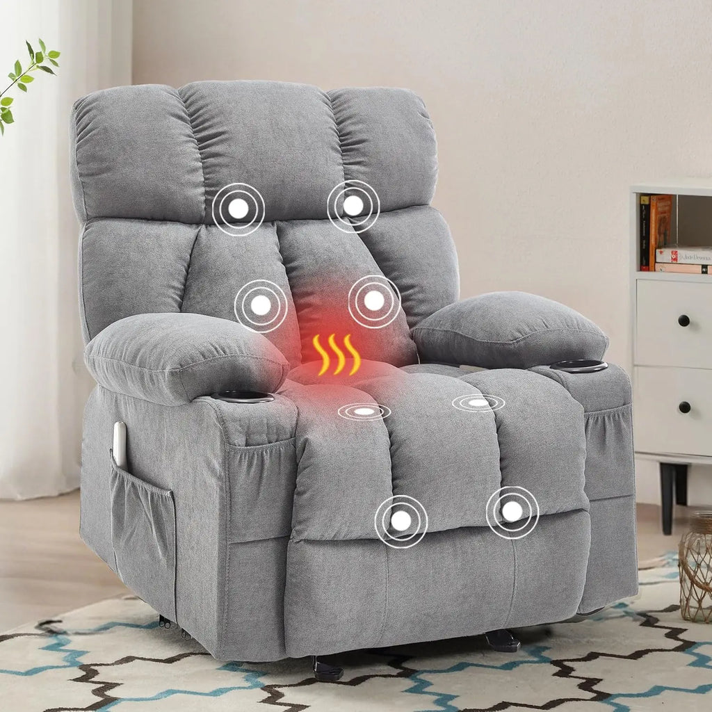Massage Recliner Chair with Heat Vibration, Rocking Ergonomic Overstuffed Lounge, USB Port, Grey