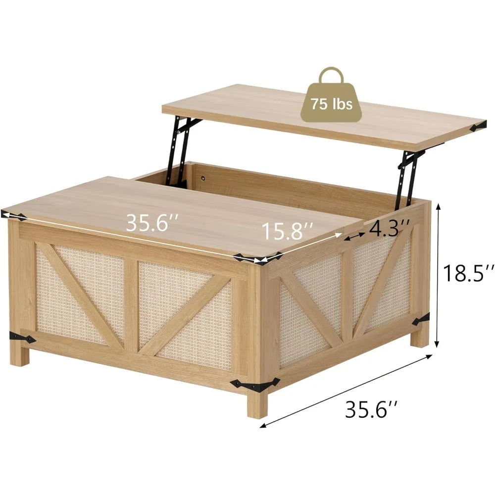 35'' Lift Top Coffee Table, Square Rattan Center Table with Large Hidden Storage, Farmhouse Coffee Tables for Living Room, Home