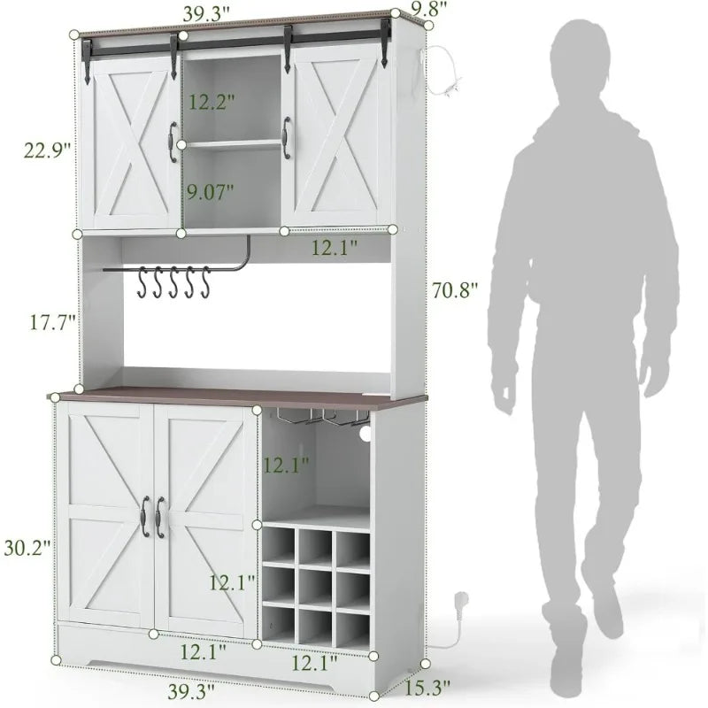 Kitchen Pantry Cabinet with Sliding Doors/ Microwave Storage/ Coffee Bar/ Adjustable Shelves/ Wine Rack/ Cup Hooks/ Farmhouse