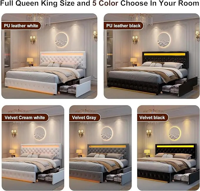 Full Size LED Bed Frame with Storage Drawers, RGBW Lights, Adjustable Headboard, No Box Spring, PU/Velvet Upholstered