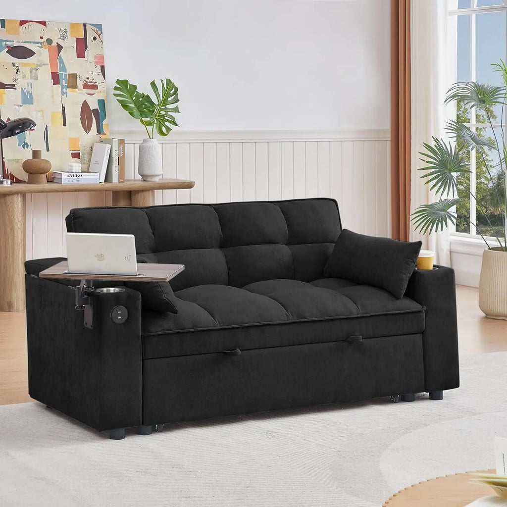 65-inch 3-in-1 Folding Sofa Bed with Pullout Function, Modern Chenille Fabric, 360-Degree Swivel Side Table