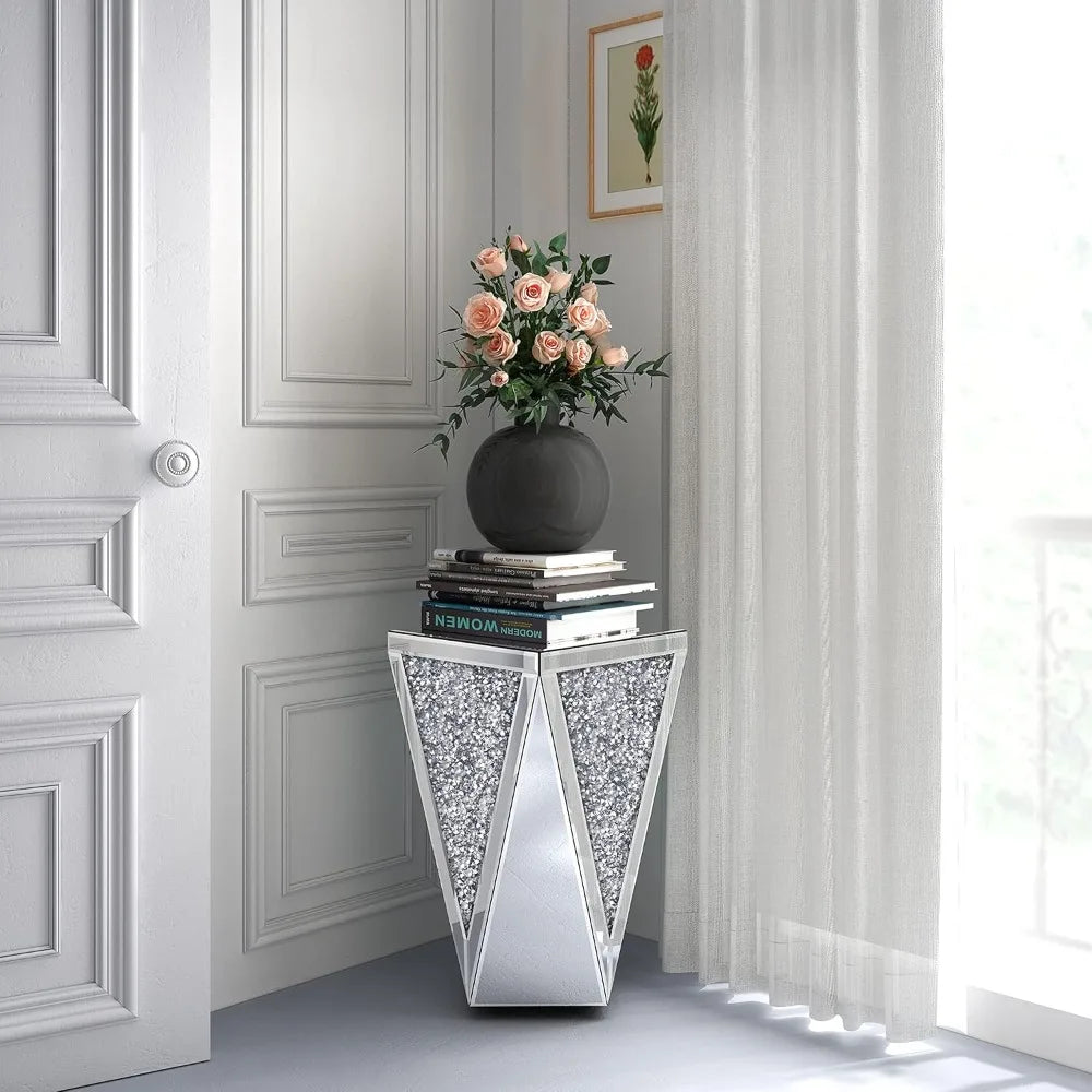 Silver Glass End Table with Crystal Accents for Hallway, Living Room, and Coffee Areas