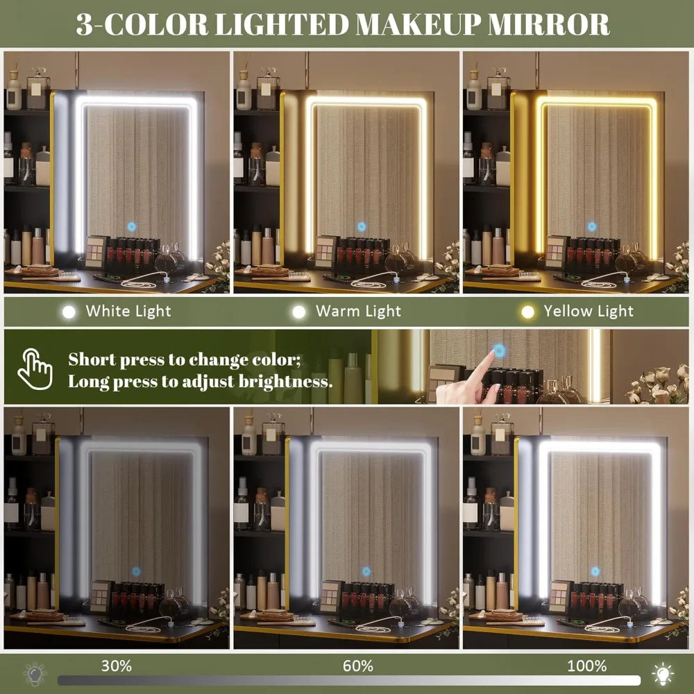 Luminated Makeup Vanity Desk with 3-Color LED Lights, Charging Port, 5 Drawers, and Storage Shelves