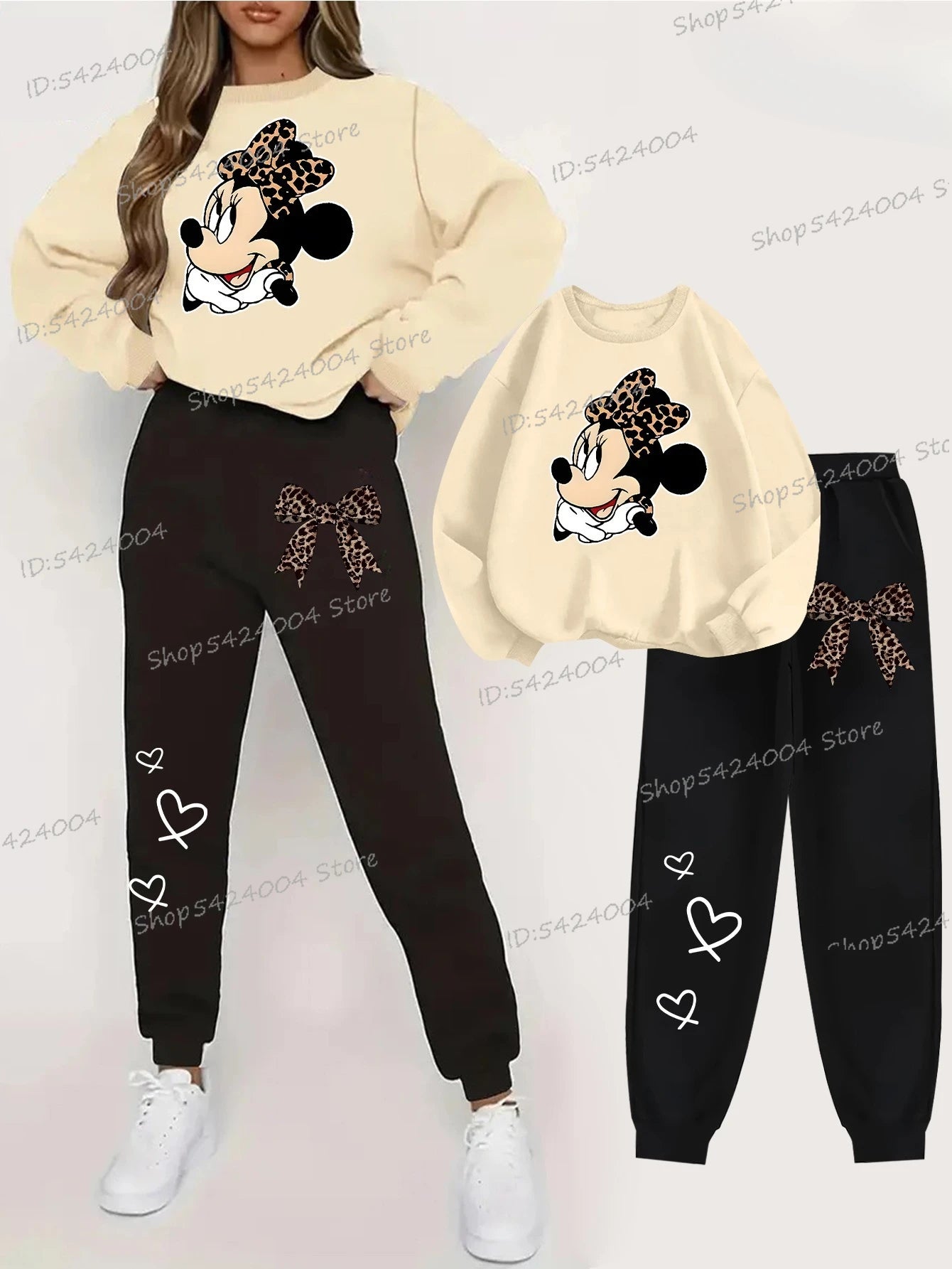 Cartoon Mickey Mouse Printed Two-Piece Set Women Fashion/ Minnie Sweatshirt + Pants 2Pc Suit Women Pullover Set