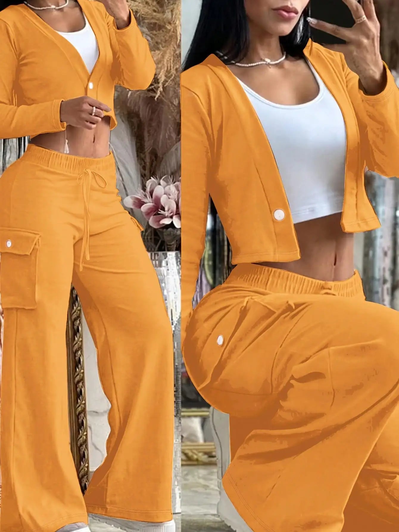 BWQ 2pcs/Set Women Popular Orange Knit Cardigan & Cargo Pant | V-Neck Button-Up Top Pants With Drawstring Waist | Elegant Casual