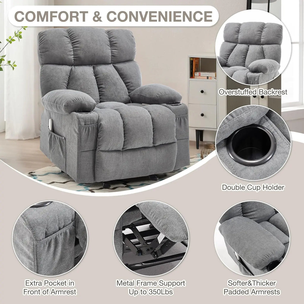 Massage Recliner Chair with Heat Vibration, Rocking Ergonomic Overstuffed Lounge, USB Port, Grey
