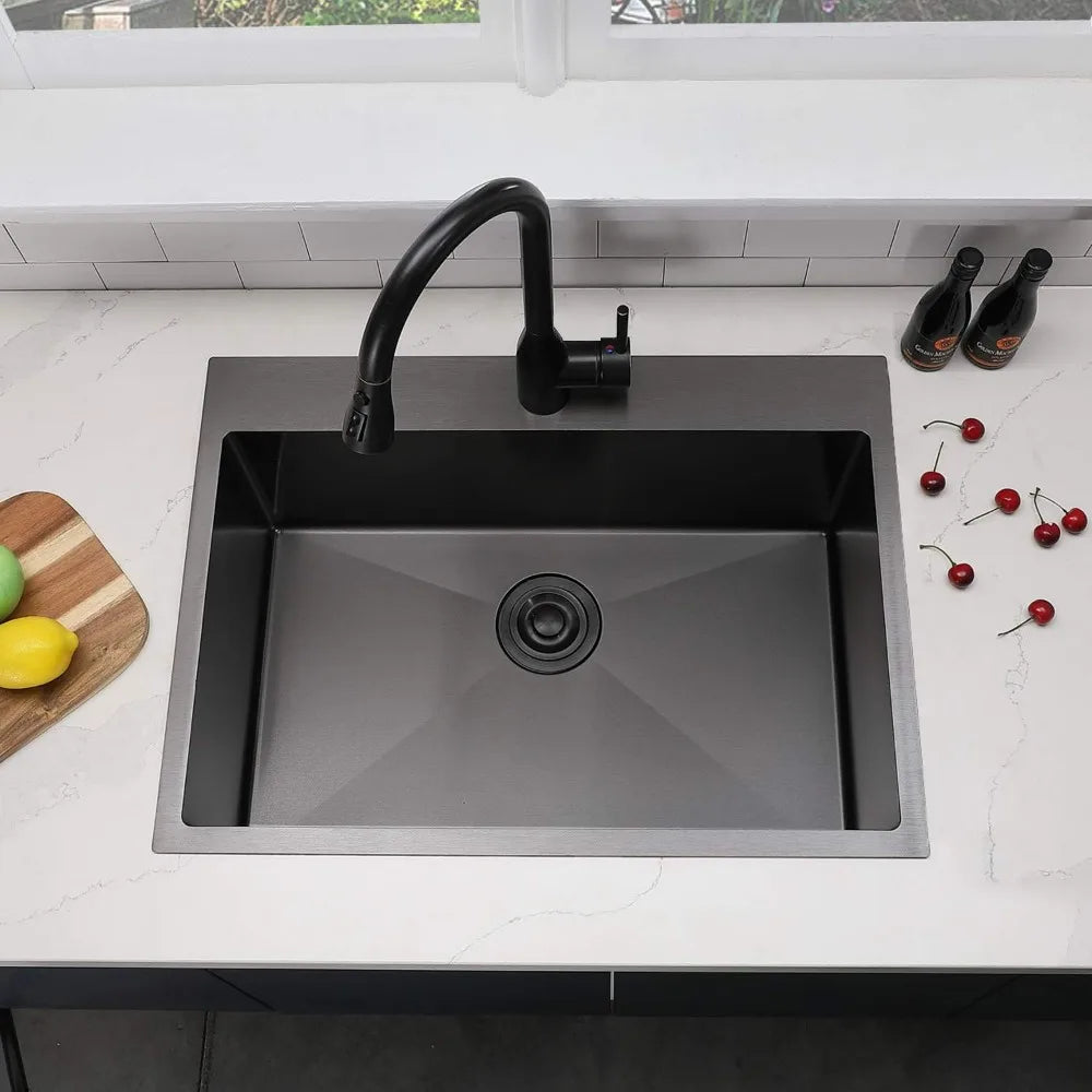 Large 33" Single Bowl Gunmetal Black Farmhouse Kitchen Sink, 33x22 Top Mount Design, 16 Gauge SUS304 Stainless Steel