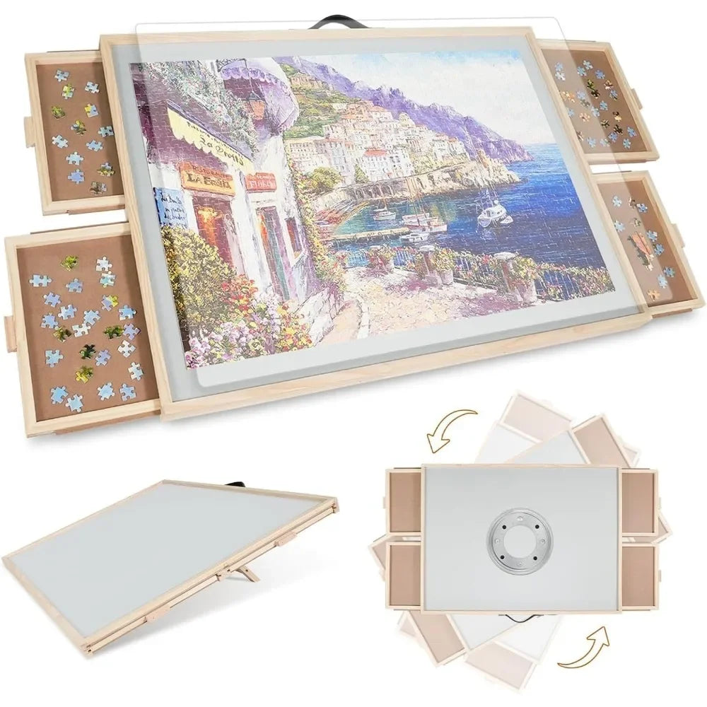 JIG 2000 Pieces 2-in-1 Tilting & Rotating Puzzle Board for Adults Gifts, Wooden Jigsaw Puzzle Table with 4 Drawers