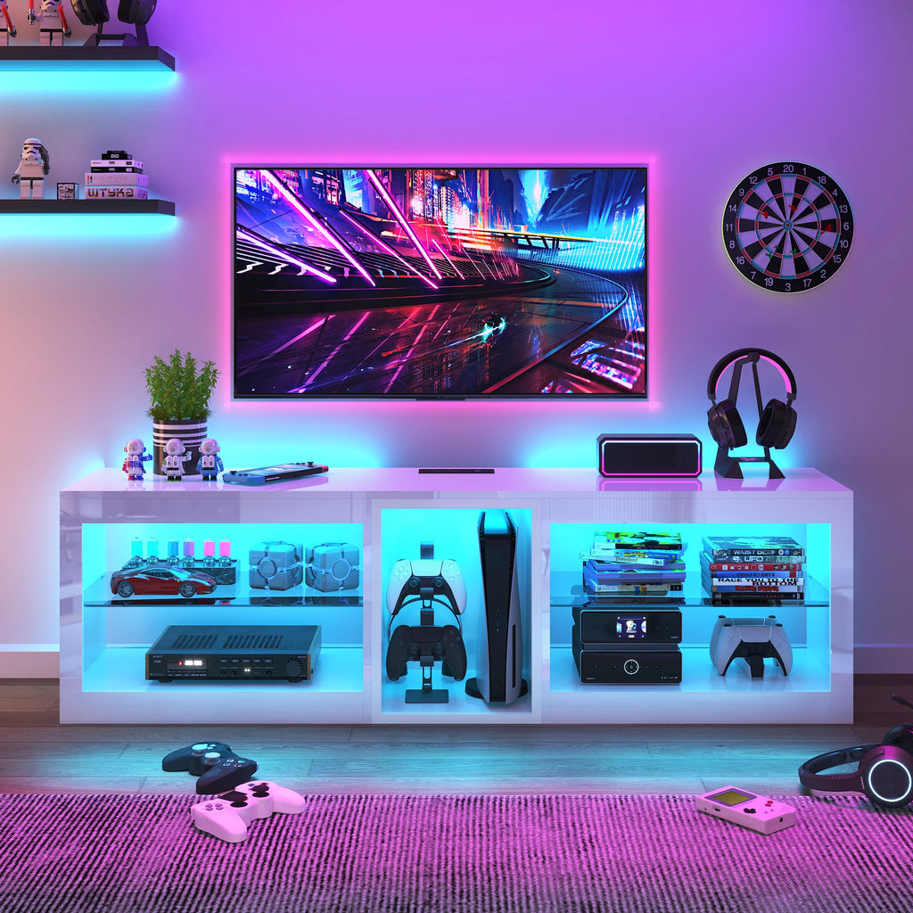 63" LED TV Stand for Televisions up to 70", TV Cabinet with Adjustable Glass Storage Shelves, Modern LED Entertainment Center