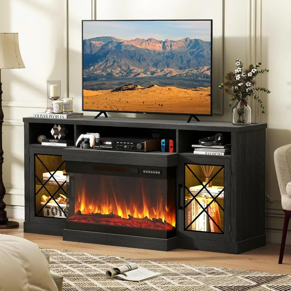 Electric Fireplace TV Stand for 55/65/75 Inch TVs, 3-Sided Glass Fireplace Media Console with LED Lights, Glass Doors, Power Outlets