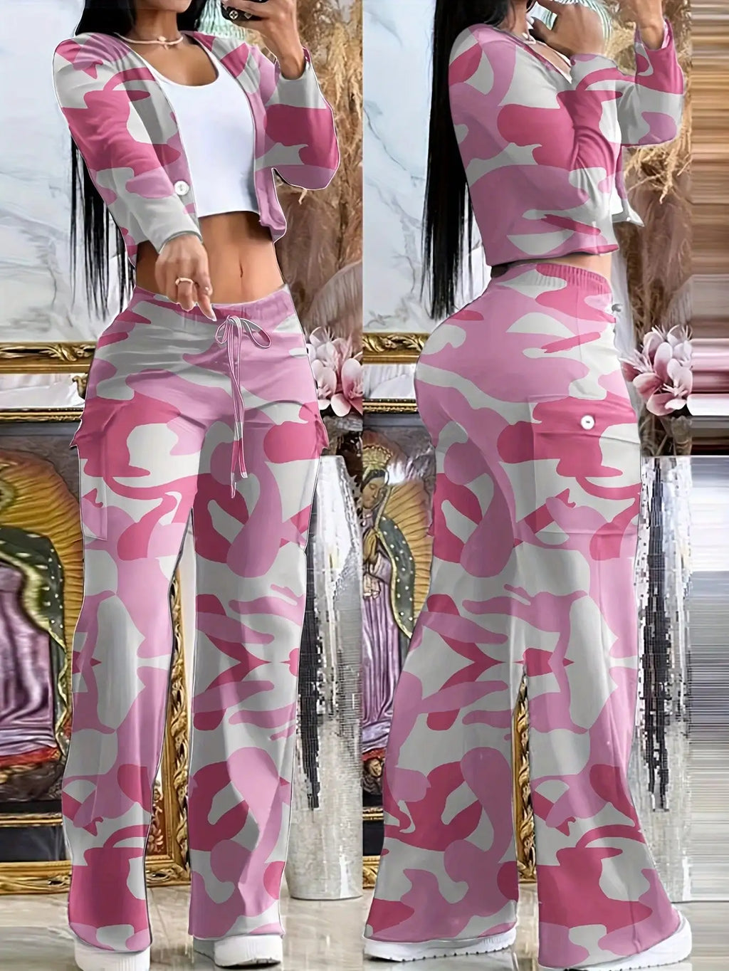 BWQ 2pcs/Set Women Popular Orange Knit Cardigan & Cargo Pant | V-Neck Button-Up Top Pants With Drawstring Waist | Elegant Casual