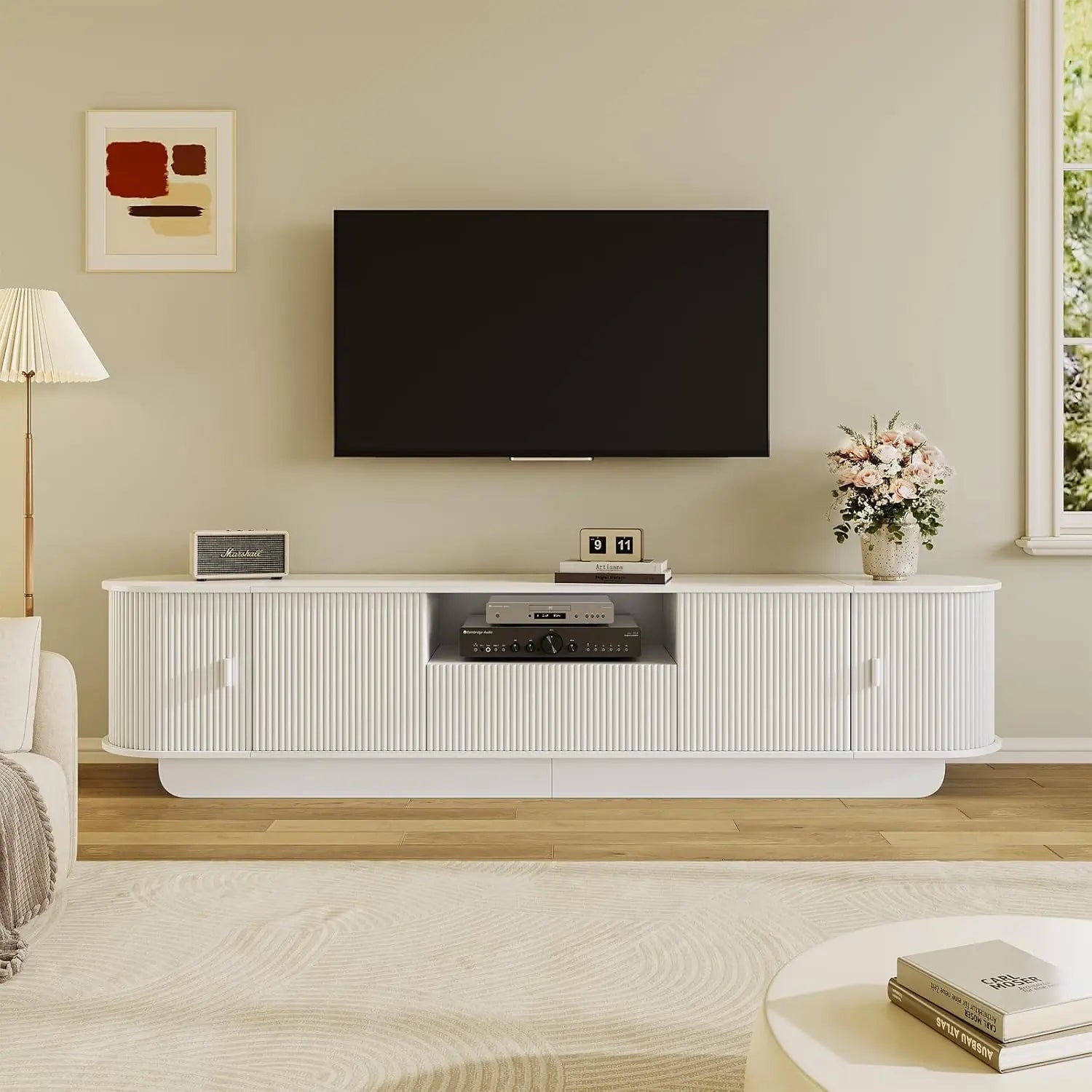 86.61'' TV Stand for 55-85" TV, Modern Entertainment Center with Large Storage Cabinet & Open Shelves, TV Console