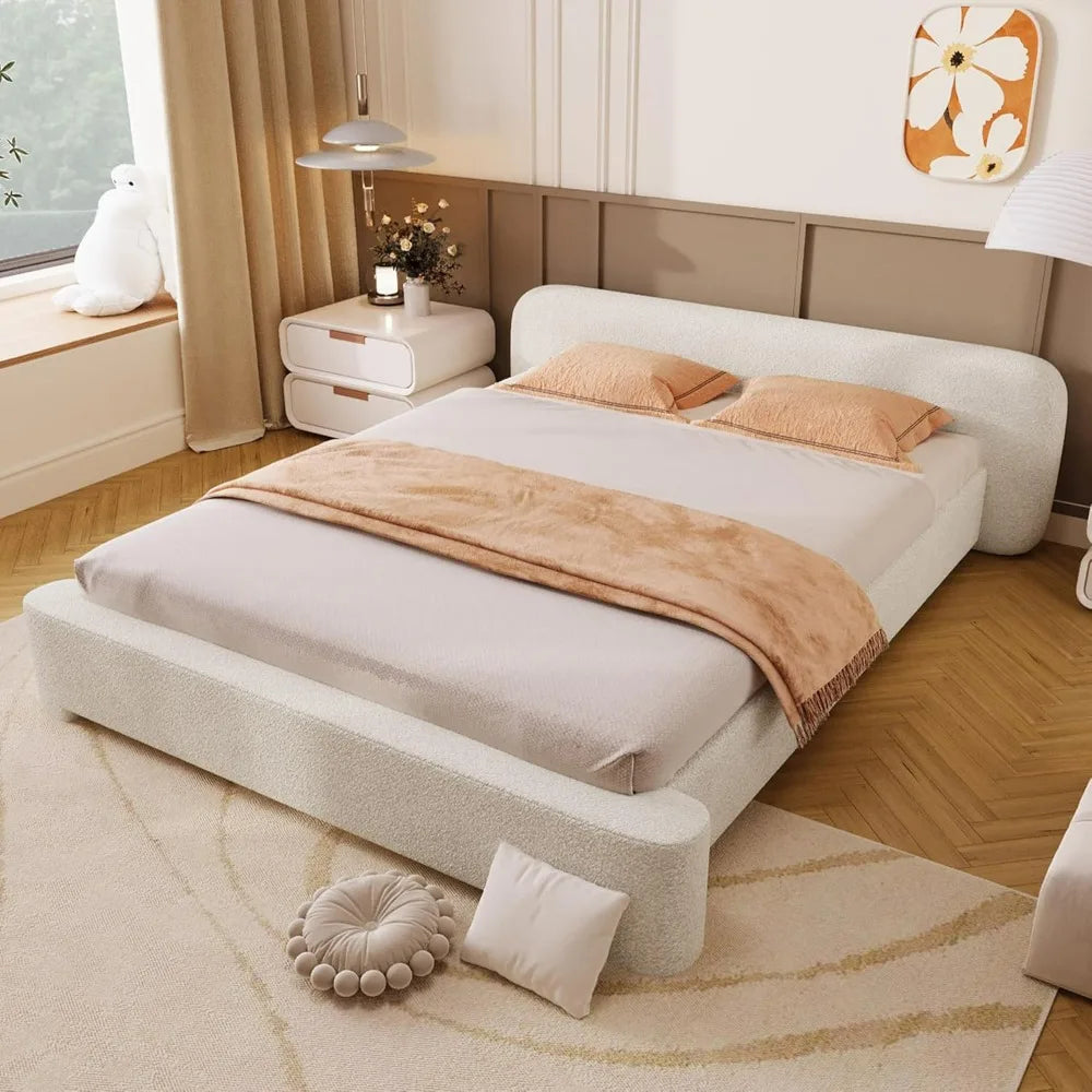 Queen Size Upholstered Bed Frame with Headboard, Boucle Fabric Platform Bed Base, Wood Support Bed
