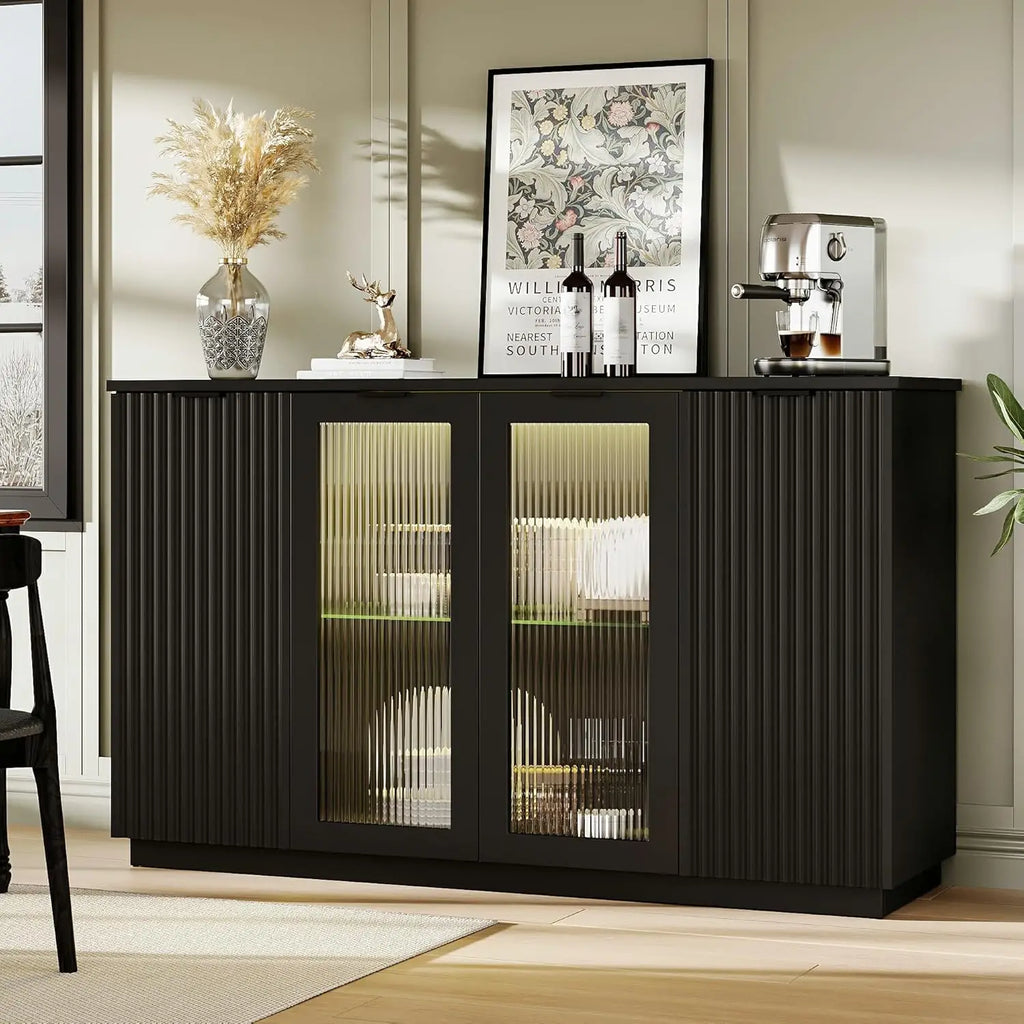 55" Black Sideboard Buffet Cabinet with Glass Doors LED Lights Adjustable Shelves for Kitchen Living Room, Customized