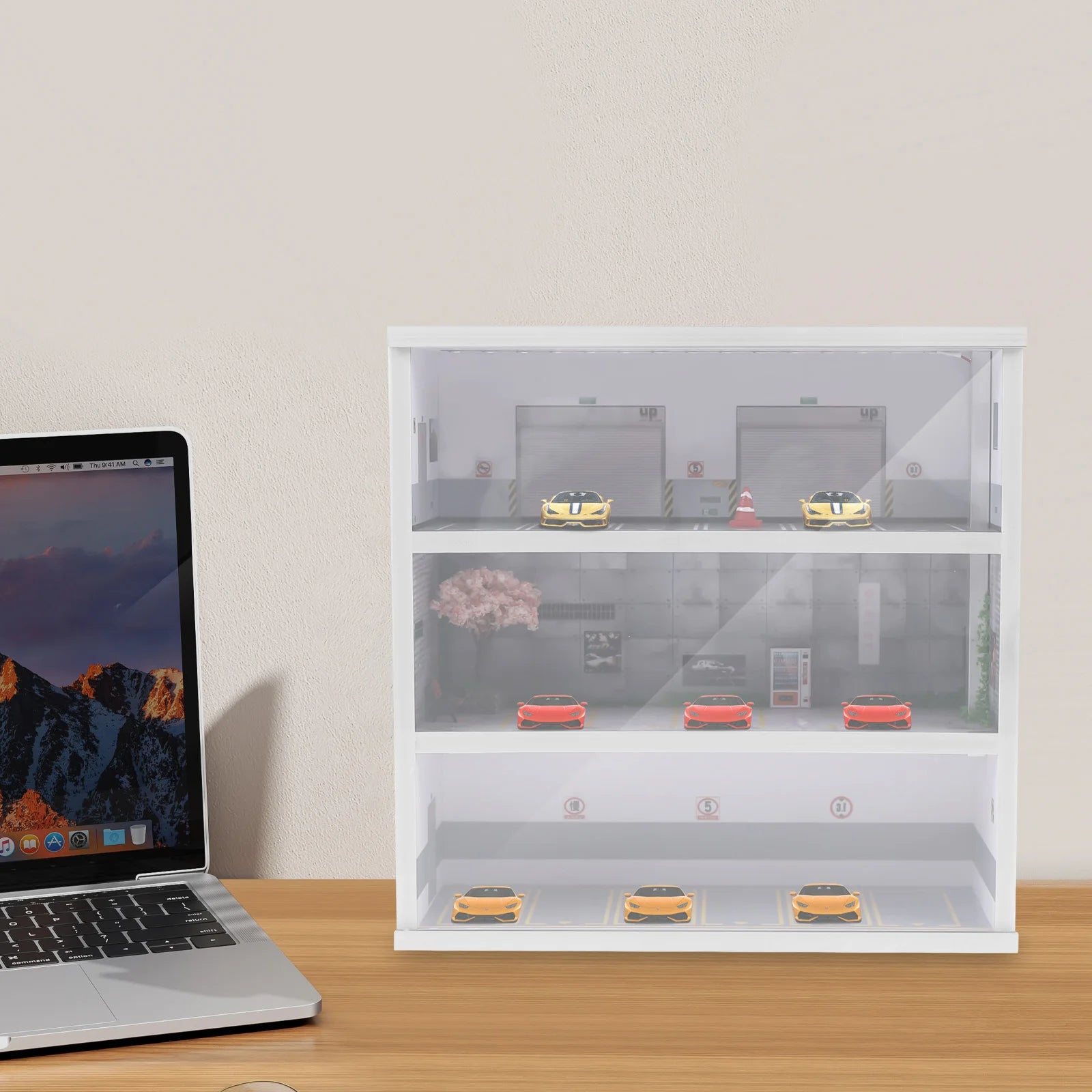1:64 Simulation Diorama Parking Lot Display Case, 3 Tier 16 Parking Spaces Model Car Display Case with LED Light, Car Parking Lot Model for Diecast Car Collection