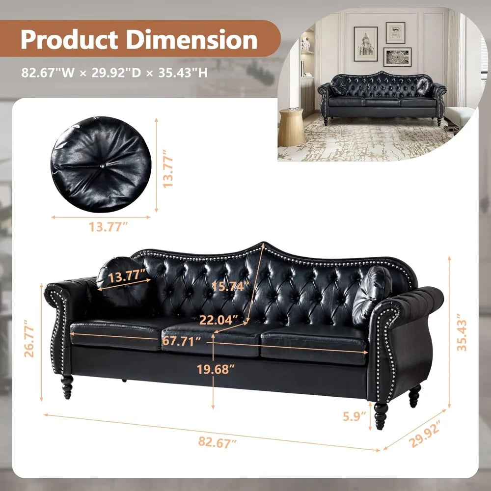 Chesterfield Three Seater Sofa, Mid-Century Modern Faux Leather 3-Seater Upholstered Couch, Tufted Living Room Sofa with 2 Pillows