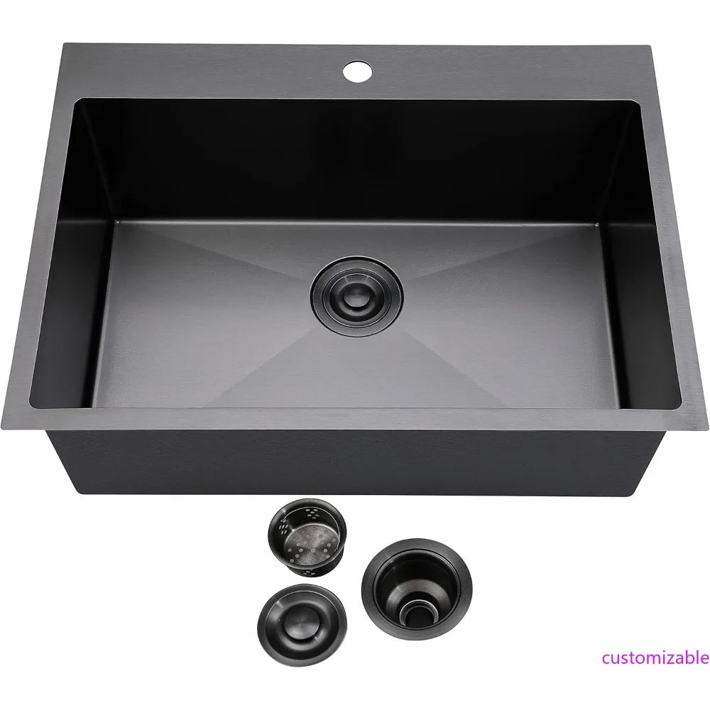 Large 33" Single Bowl Gunmetal Black Farmhouse Kitchen Sink, 33x22 Top Mount Design, 16 Gauge SUS304 Stainless Steel