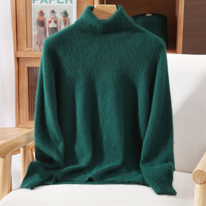 Autumn And Winter 100% Mink Cashmere Sweater, Ladies' High Lapel Solid Color Padded Pullover Wool Knitted Bottoming Shirt