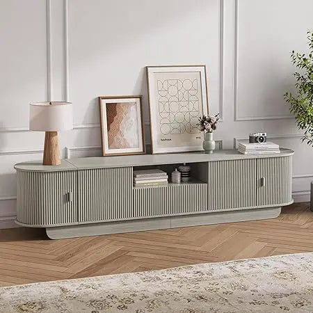 86.61'' Tambour TV Stand for 55-85", Entertainment Center with Large Storage Cabinet and Sliding Door, Curved Profile Design