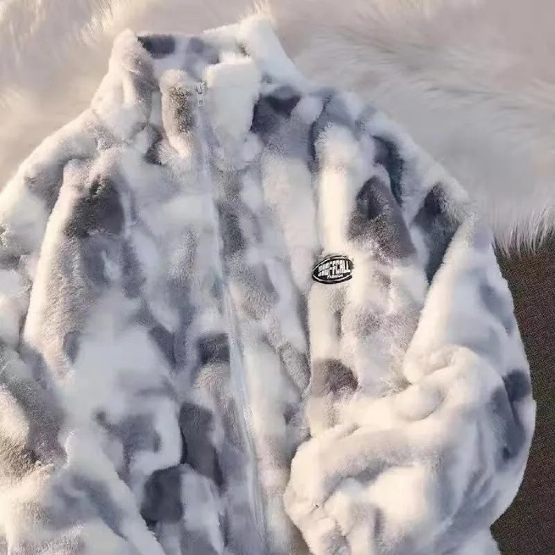 Women's Tie Dye Lamb Fleece Jacket/ Autumn Winter Zipper Outerwear/ Warm Plush Jackets /Harajuku Casual Loose Female Thick Coat
