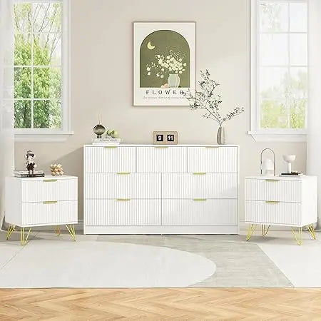 Mid-Century 3-Piece Bedroom Furniture Set: 2-Nightstands and 7-Drawer Dresser with Gold Hardware