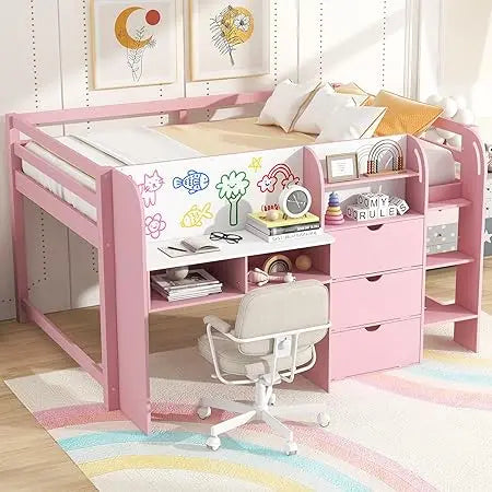 Modern Farmhouse Style Kids Full Size Low Loft Bed with Desk, Storage, and Bookcase