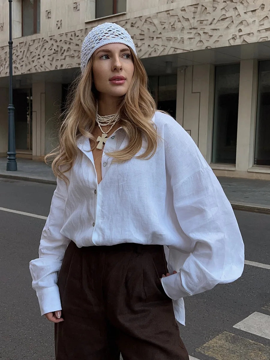 100% Cotton Spring Summer Versatile Lazy Casual Shirt Women's Fashionable Solid Color Loose Shirt Cardigan Shirt