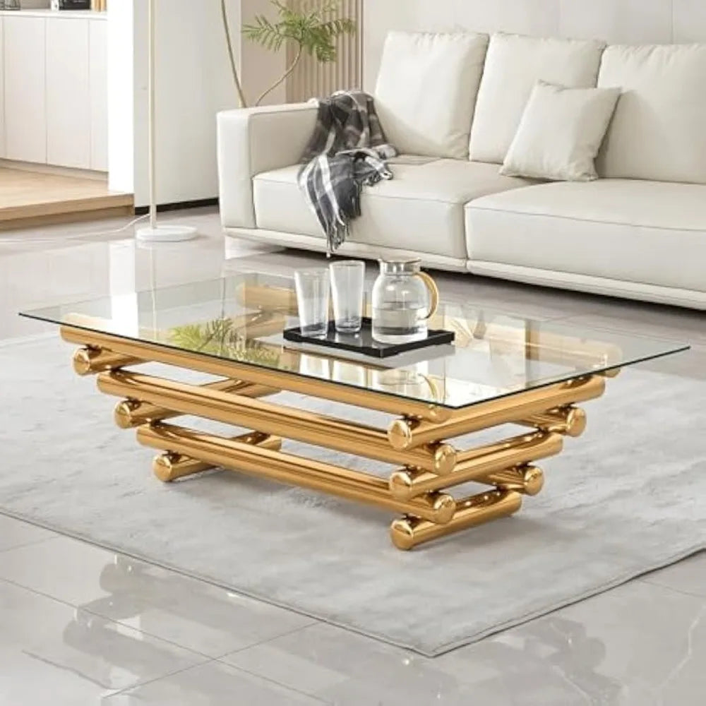 55" Glass Coffee Table, Modern Gold Coffee Table for Living Room, Rectangular Tempered Glass Top with Stainless Steel Legs
