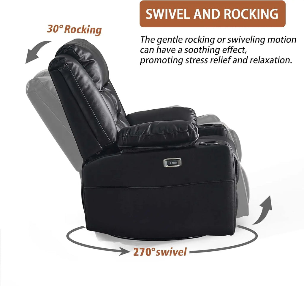 Power Swivel Rocker Recliner Chair for Adults with Massage and Heat, USB and Type-C Ports, Infinite Position, Electric Leather