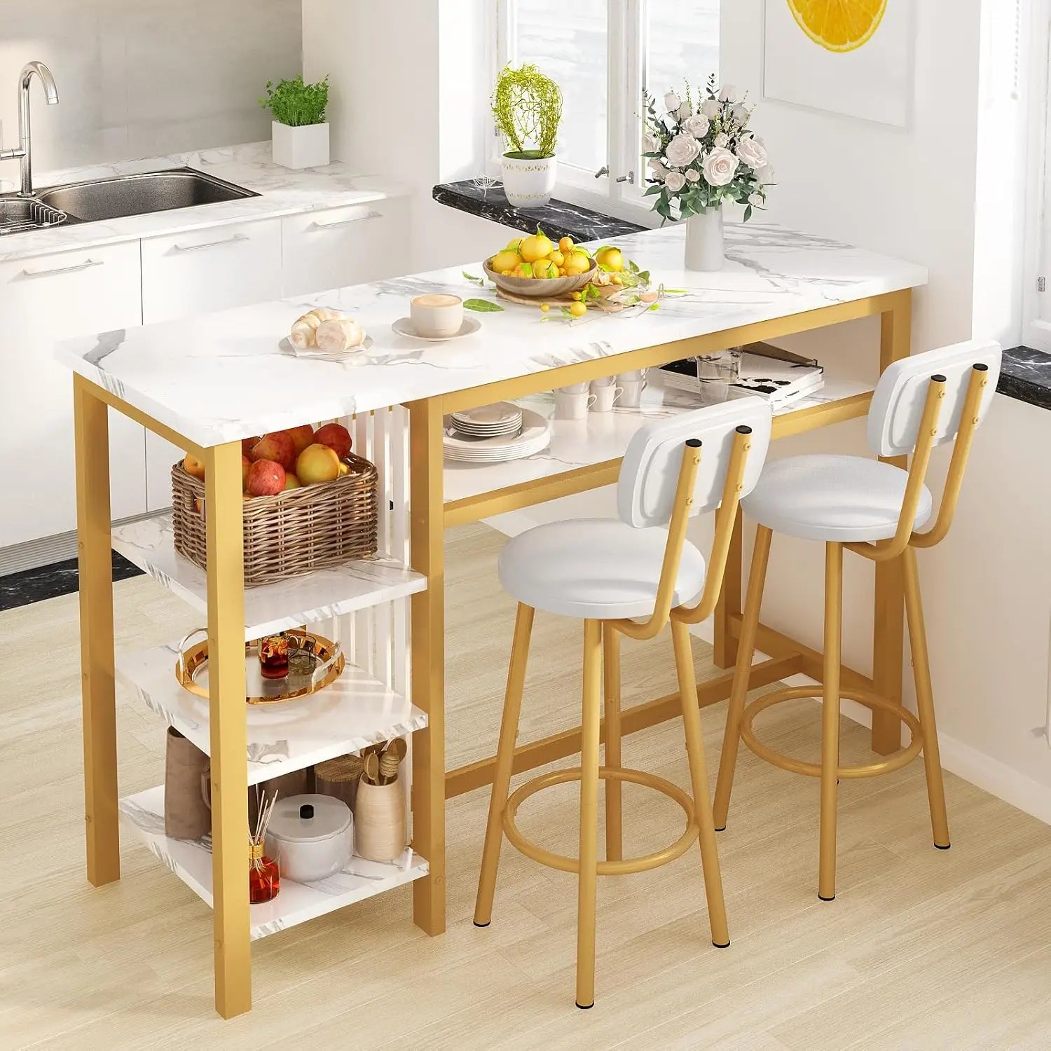 3-Piece Bar Table and Chairs Set, Modern White Faux Marble Table with 2 Cushion Bar Stools, Kitchen Counter
