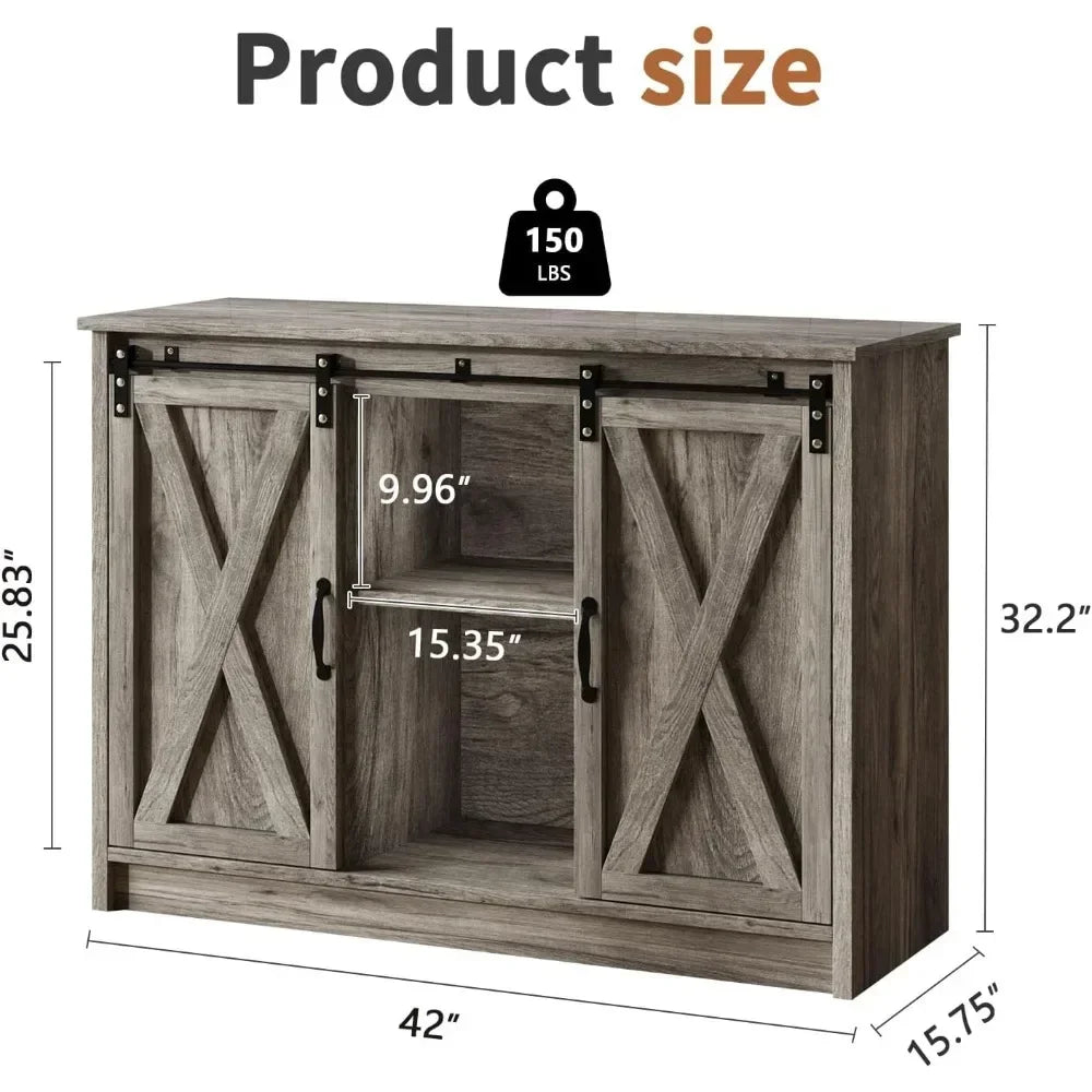 Farmhouse Coffee Bar Cabinet with Sliding Barn Door, 42” Coffee Bar Table with Adjustable Shelves, Buffet Cabinet with Storage
