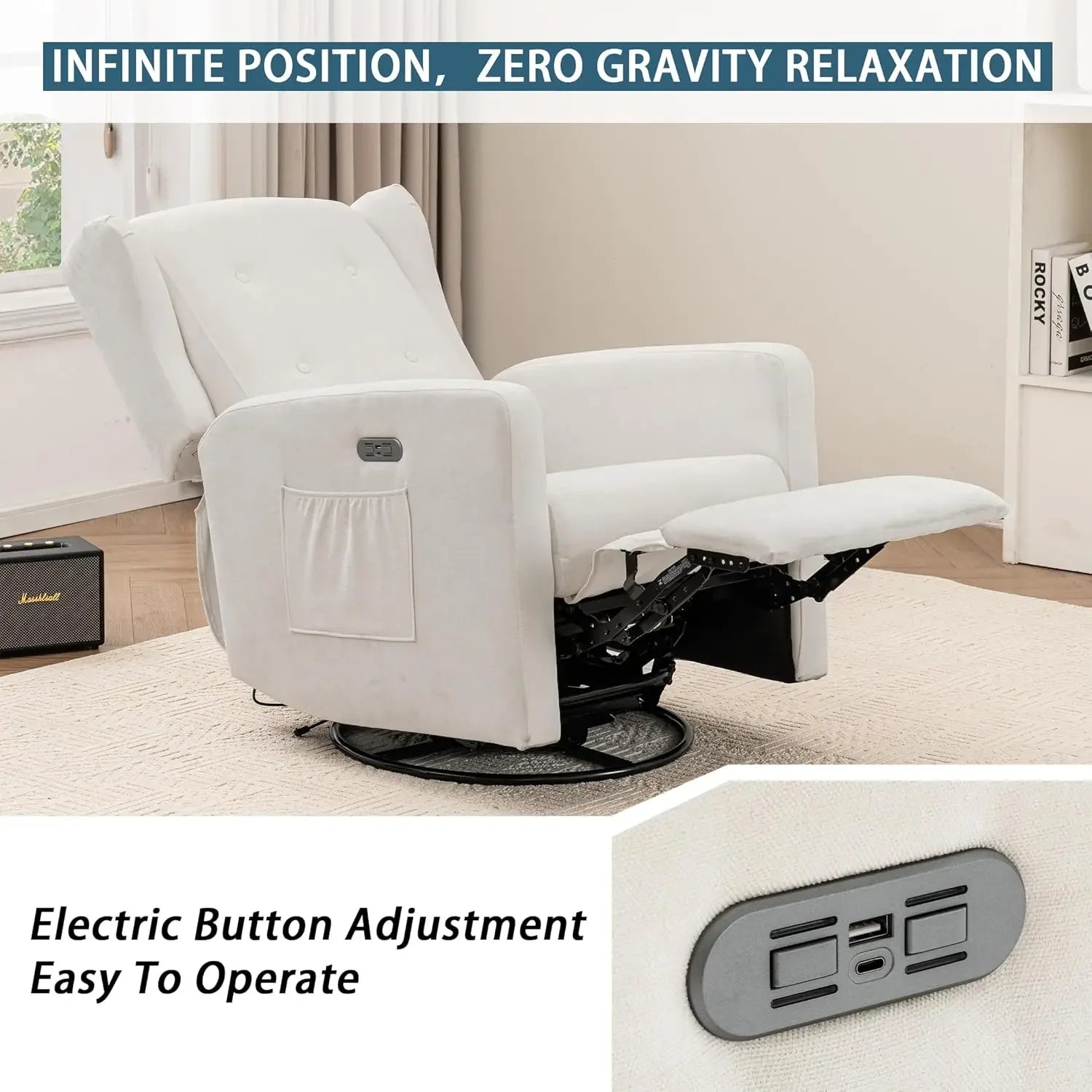 Power Swivel Rocking Recliner Chair, Electric Rocker Nursery Glider Chair, Upholstered Fabric/ Reclining Single Sofa Chair