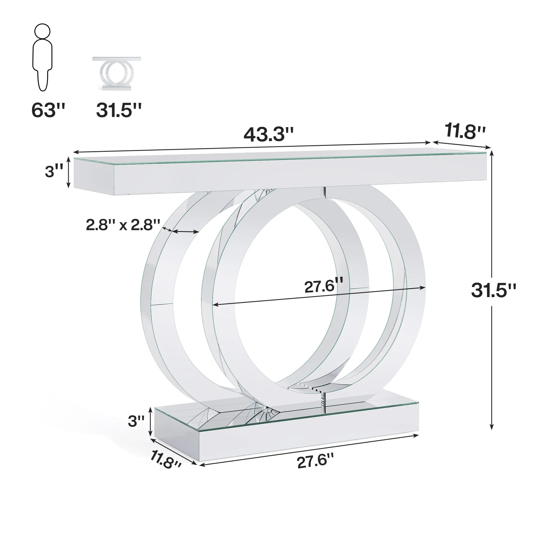 43.3-Inch (110cm) Mirrored Console, Entryway Table with Thickened Mirror Finish Tabletop