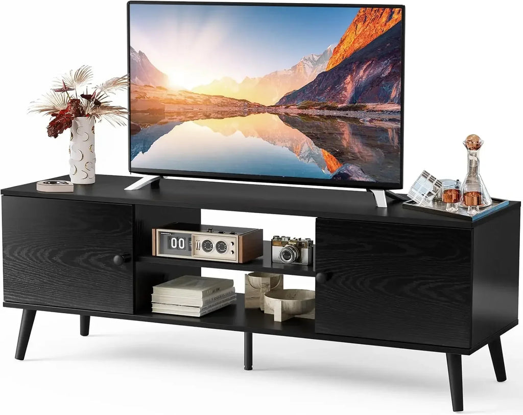 TV Stand for 55-60" TV, Entertainment Center with Storage Cabinet, Mid Century Modern Media Console Table, Adjustable Hinge