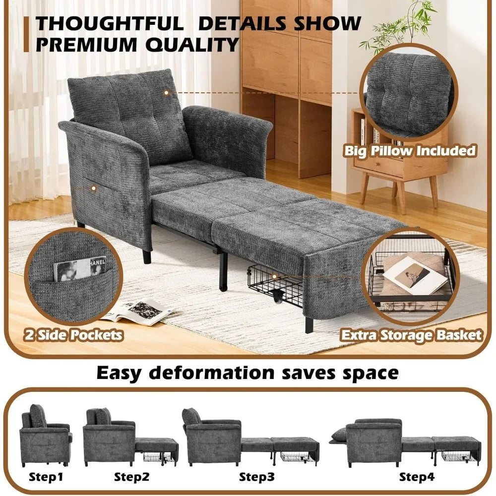 Adjustable Backrest Convertible Sleeper Chair/ Long Chair Bed/ 4-in-1 Pull out Lounge Chair/ 500 LBS Load Bearing Single Sofa