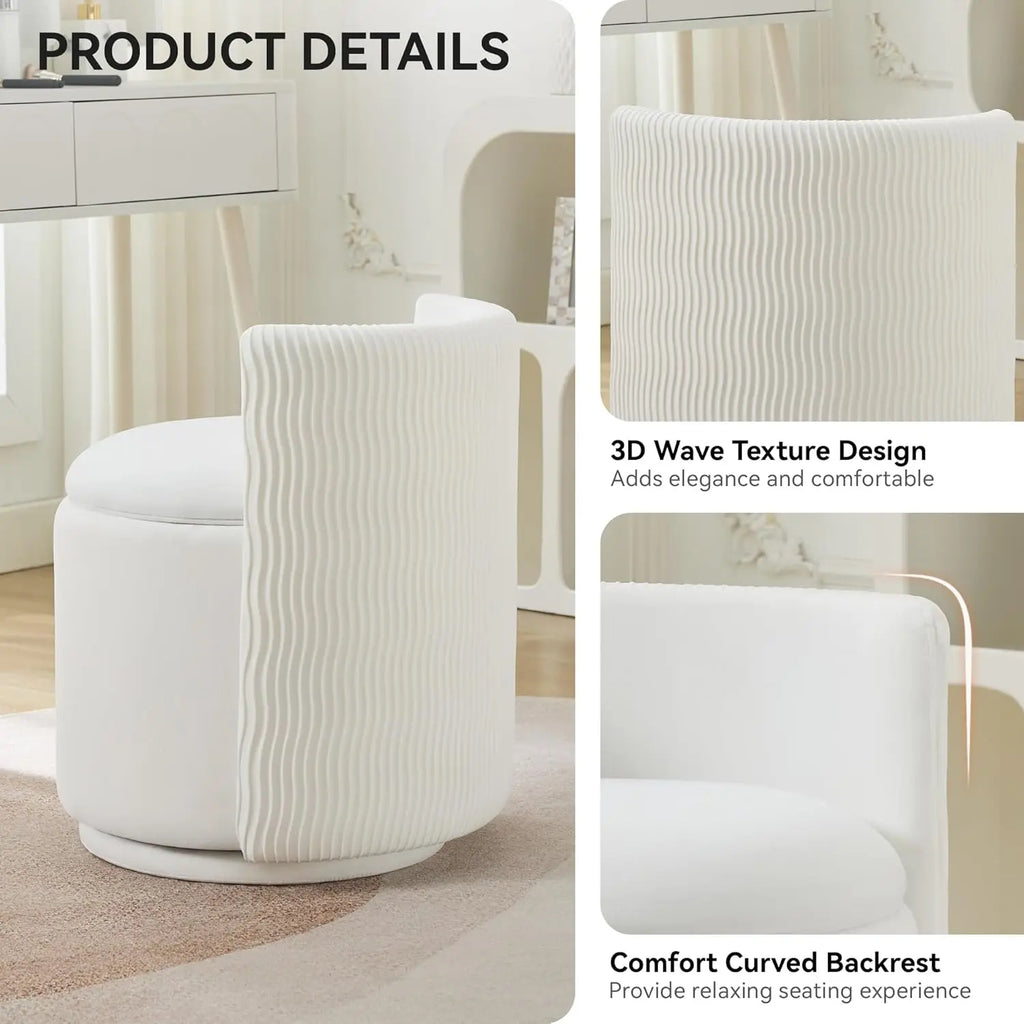Velvet Vanity Chair with Storage, 360° Swivel Makeup Chair with Wave Back, No Assembly/ Small Accent Stool