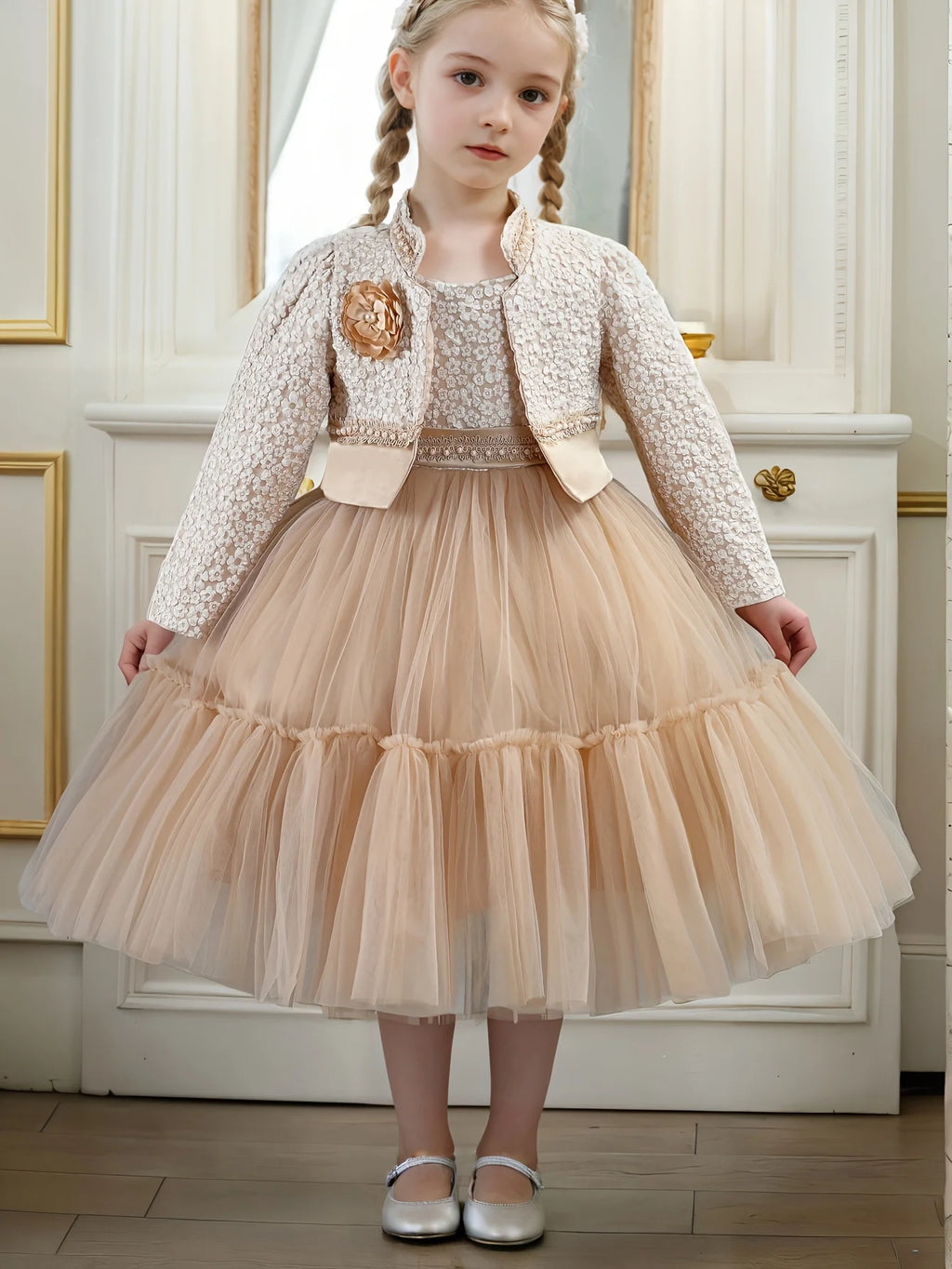 Girls Dress Set Spring Autumn Khaki Lotus Lace Fashion Children Clothes/ Cute Princess Dresses and Coat Outfits 2-8 Year