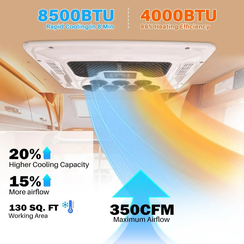 RV Air Conditioner with Heat 12V Universal Rooftop AC Unit Van Air Conditioner Heater Combo, 9000BTU Quiet 12 Volt Camper A/C