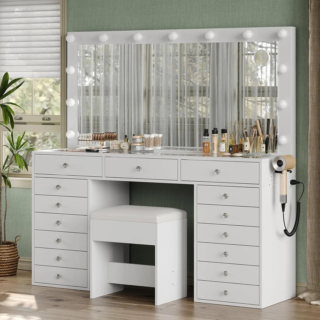55" W Vanity Desk, Makeup Vanity with Charging Station, 15 Drawers with Lighted Mirror, 3 Lighting Modes, Brightness