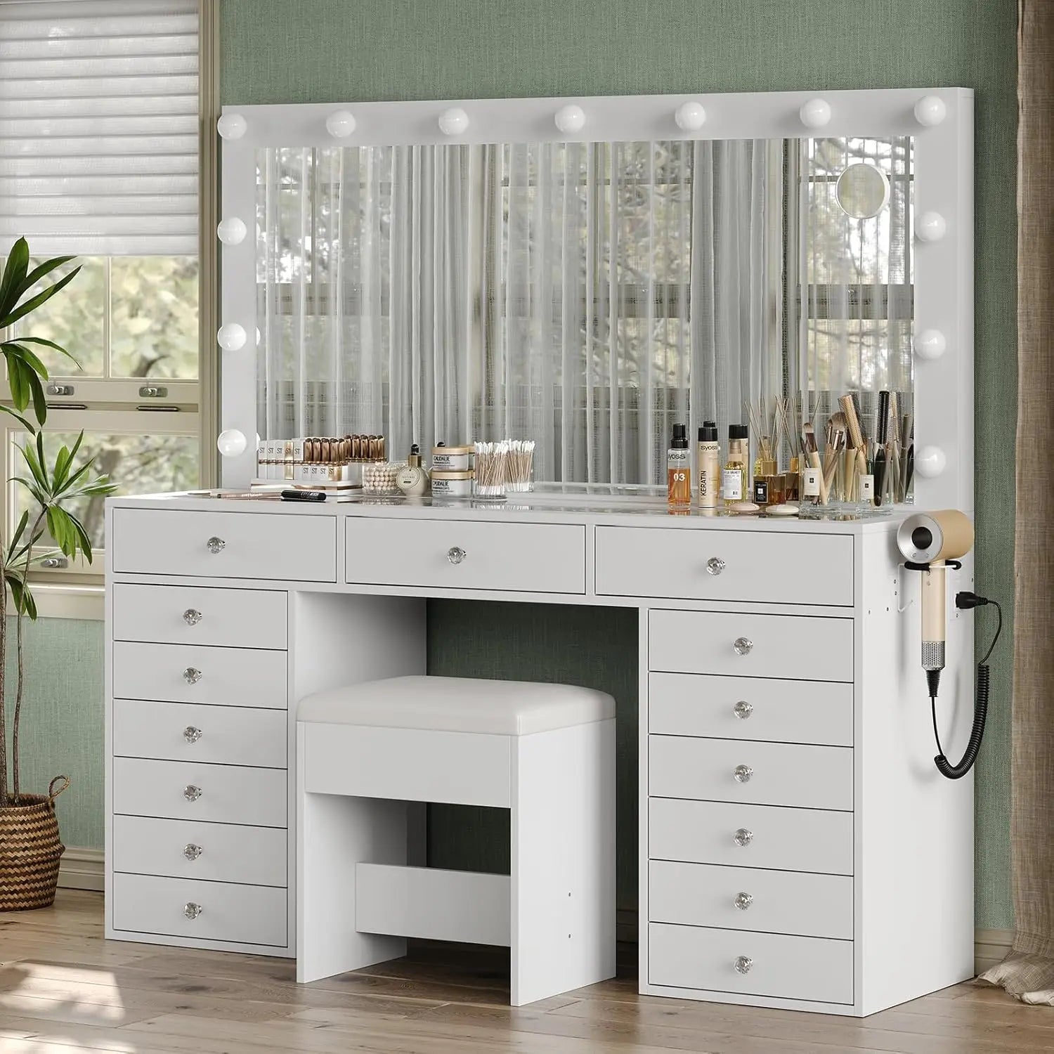 55" W Vanity Desk, Makeup Vanity with Charging Station, 15 Drawers with Lighted Mirror, 3 Lighting Modes, Brightness